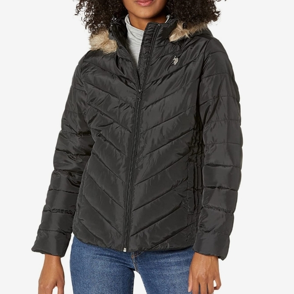 US POLO ASSN Women's Hooded Puffer Jacket Black Large - Picture 2 of 9